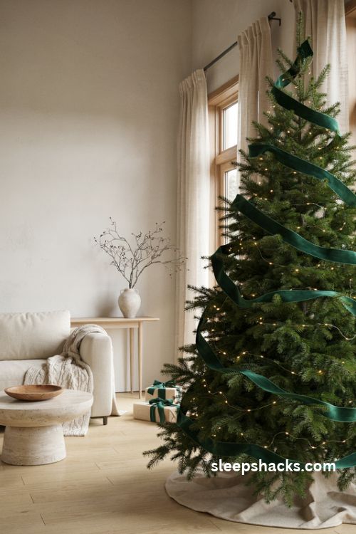 modern christmas tree decorated only with emerald velvet ribbon and warm white lights