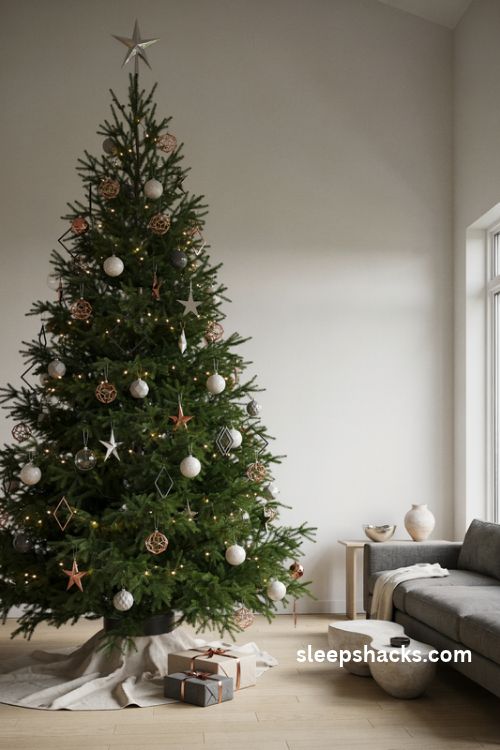 modern christmas tree with geometric metal ornaments in copper silver and black