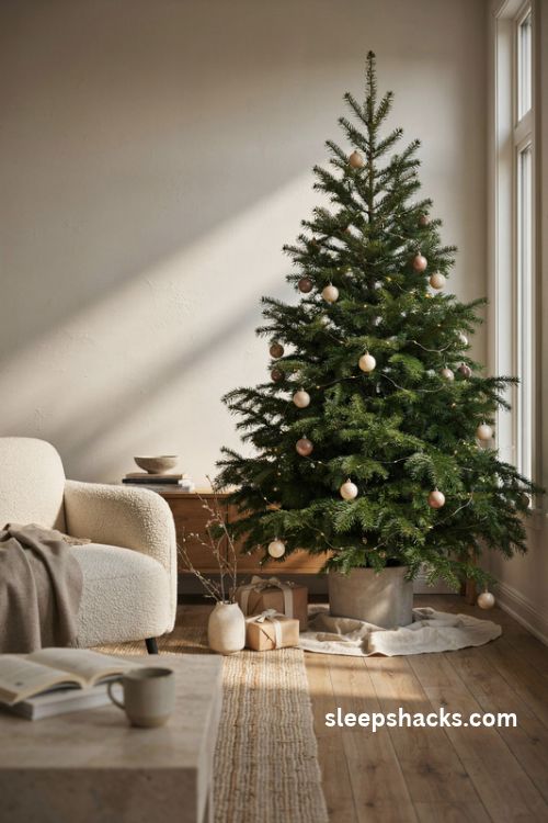 modern christmas tree with minimalist ornaments warm lights and neutral living room decor
