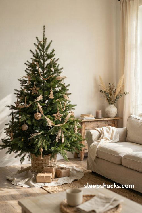 modern christmas tree with rattan ornaments wooden beads and natural earthy textures