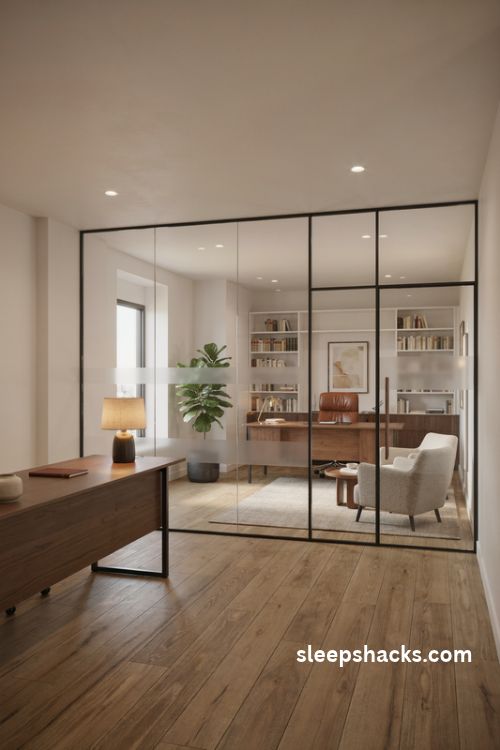 modern lawyer office decor with frosted glass privacy partitions black frames and a bright welcoming reception