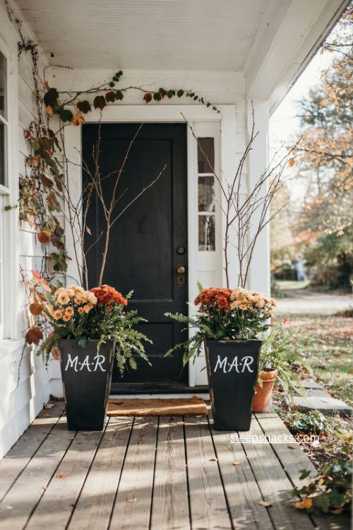 monogrammed black planters with white script and fall mums by front door 