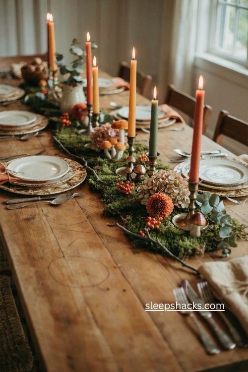 moss runner thanksgiving table with mushroom accents and vintage china 