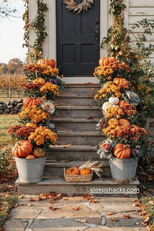 mums and pumpkins lining rustic fall porch steps with galvanized buckets and kale 