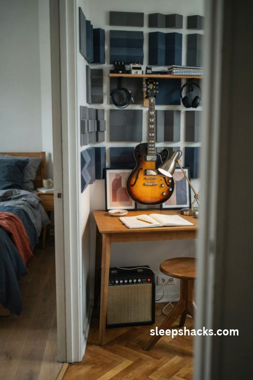 music corner in older boys bedroom with wall mounted guitar and compact amplifier