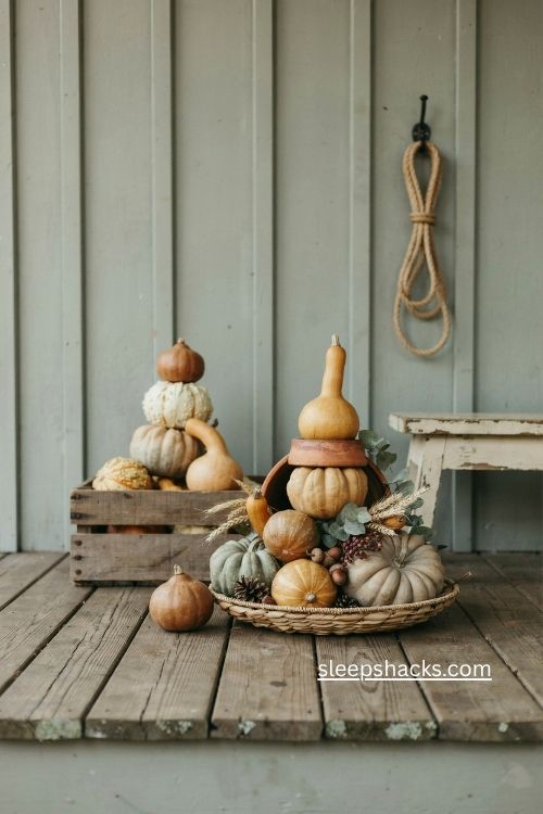 muted thanksgiving porch display with mixed gourds and natural textures 