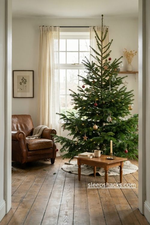 natural christmas tree ideas with simple ornaments and cozy traditional living room decor 