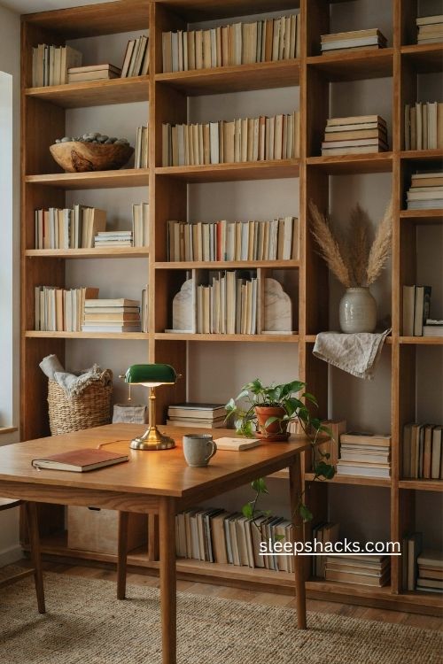 natural materials for warm office bookshelf decor