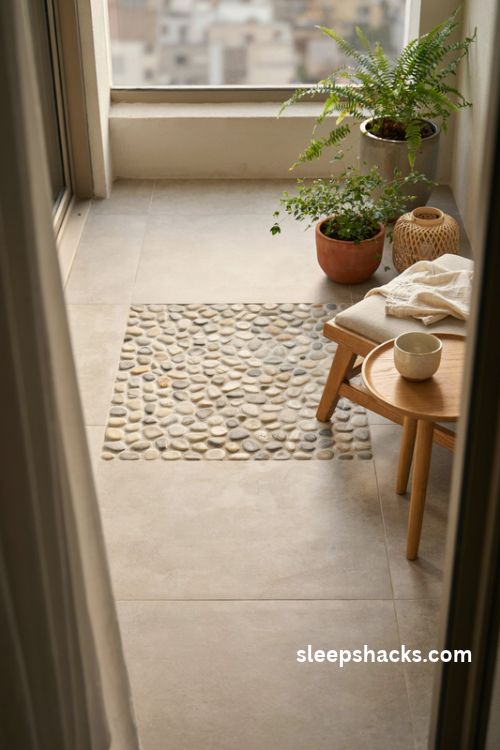 natural pebble mosaic inserts for a calming spa inspired balcony floor