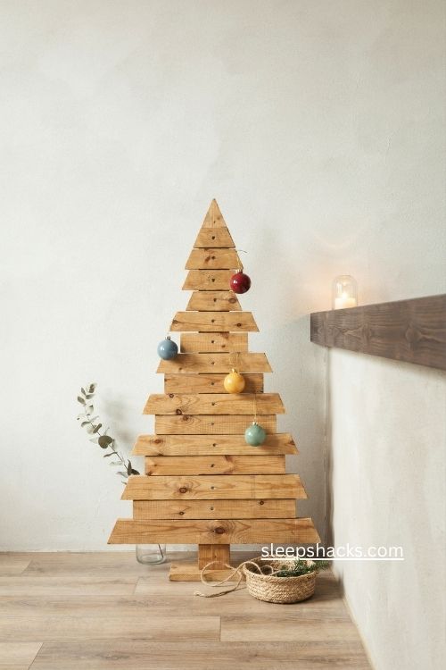 natural wood finish 2x4 Christmas tree diy Scandinavian mantel holiday decor 