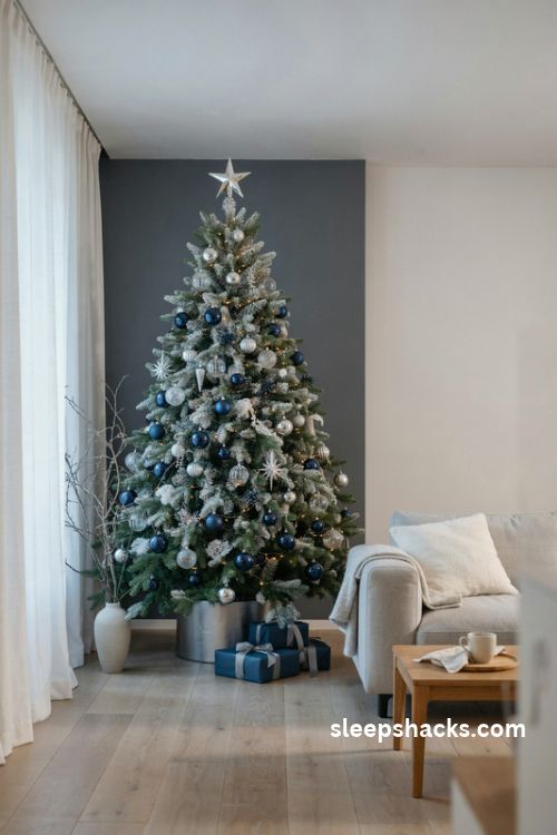 navy blue and silver christmas tree with frosted branches and elegant winter ornaments