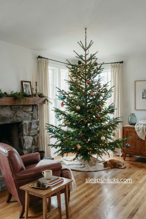 noble fir Christmas tree with heavy glass ornaments and cozy vintage holiday decor 