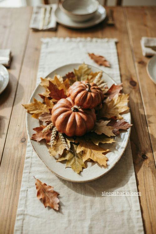 oak leaves with two pumpkins on a simple platter easy fall table centerpiece 