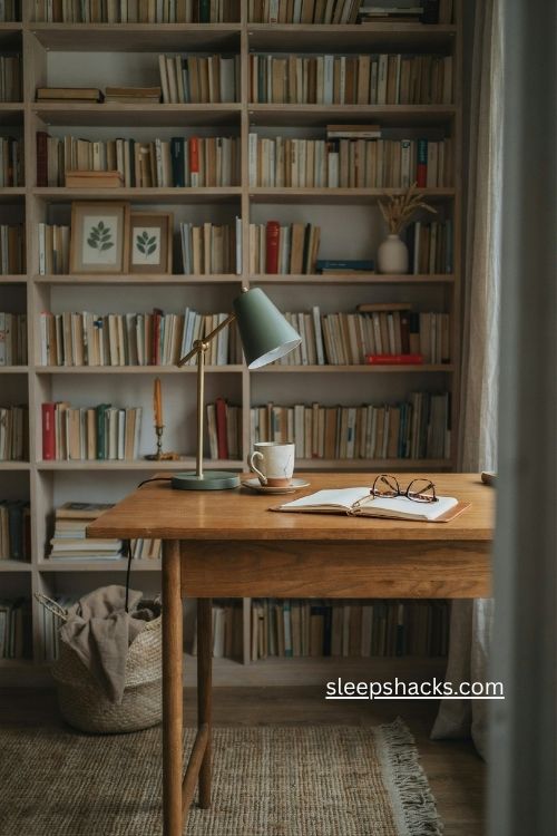 office bookshelf decor ideas with cozy layered styling