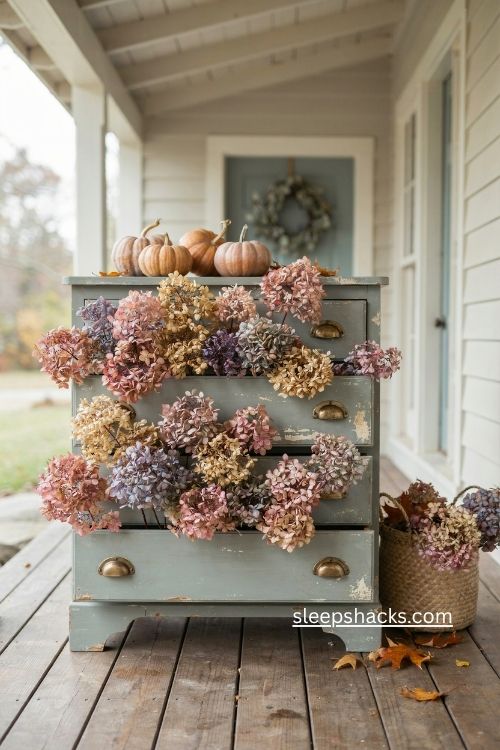 old dresser fall porch decor with dried hydrangeas pink flowers and pumpkins 