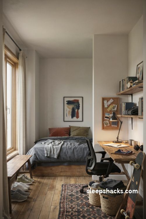 older boys bedroom ideas with navy bedding and stylish practical storage