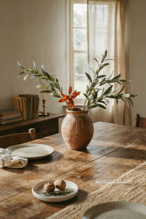olive branches in terracotta vase with muted autumn colors simple fall table centerpiece 