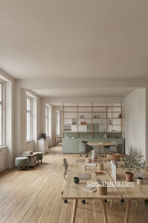 open office floor plan with movable desks flexible work spaces and natural light