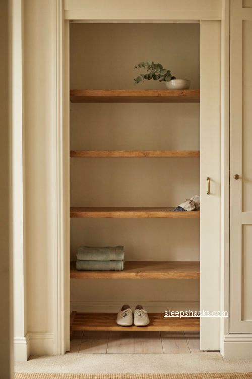 open shelves for folded clothes and shoes 