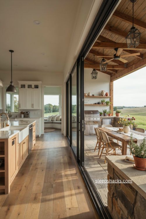 outdoor kitchen barndominium floor plan with covered patio grill and open living area 