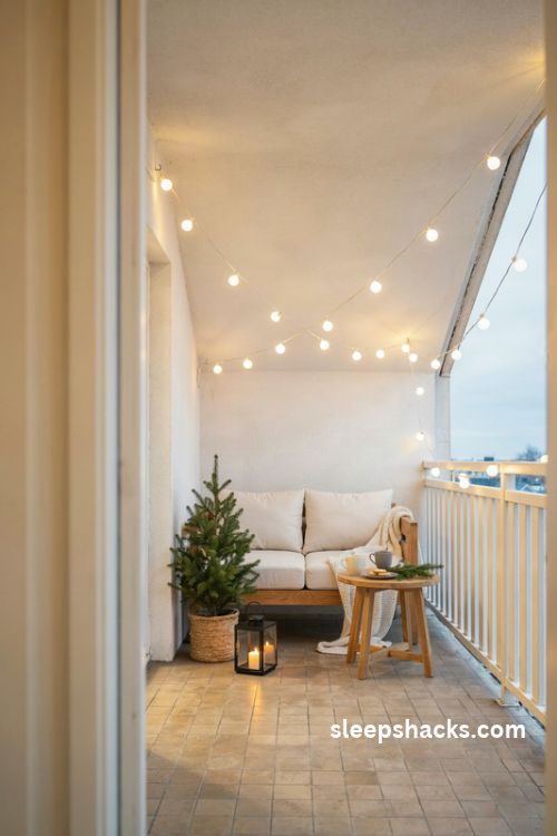 overhead zigzag Christmas lights for a cozy balcony