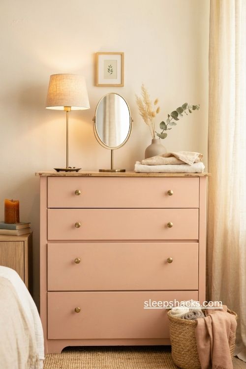 painted ikea malm dresser in dusty peach pink bedroom decor