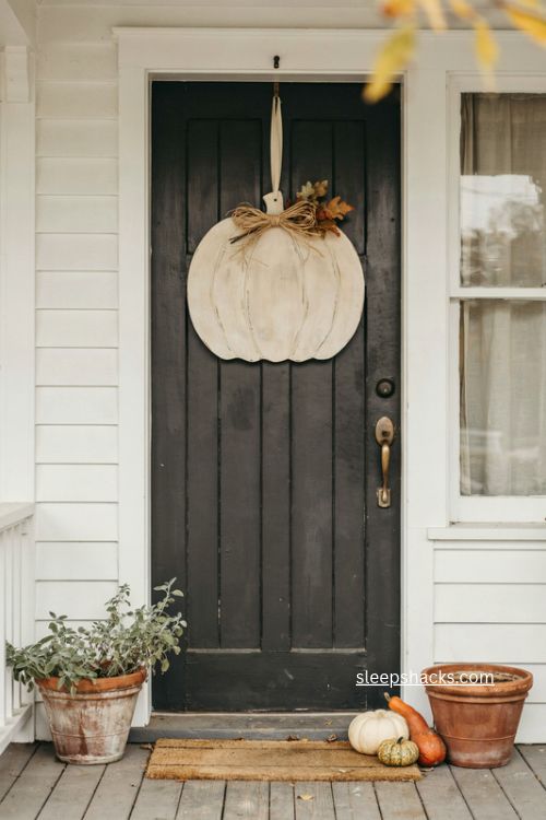 pale wooden pumpkin door decor with straw bow and fall leaves 