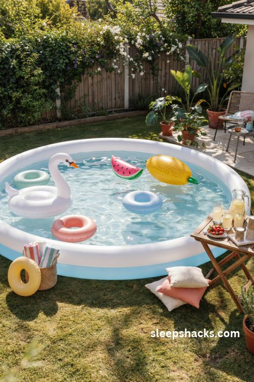 party ready inflatable pool with colorful floats lemonade and summer entertaining ideas