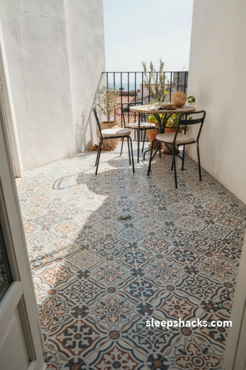 patterned encaustic look porcelain tiles for a colorful mediterranean balcony floor