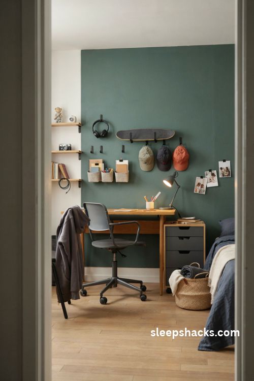 pegboard wall for older boys bedroom with organized accessories and wooden desk