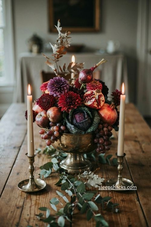 pomegranate fall centerpiece with dahlias grapes apples purple cabbage and candlelight 