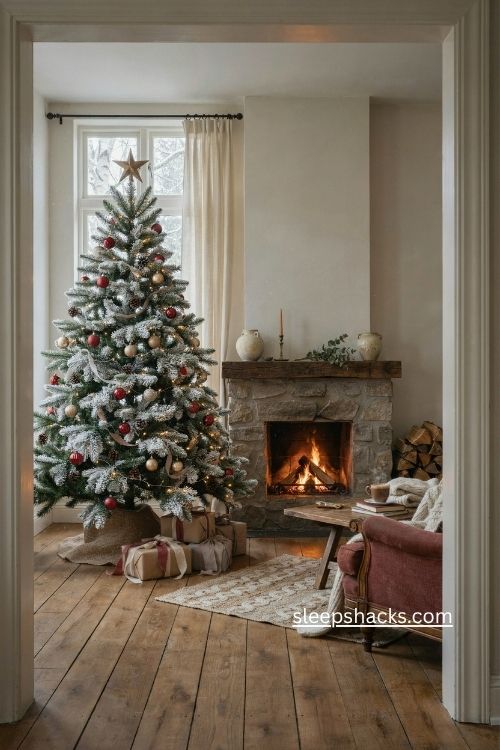 prince flocked christmas tree with snowy branches beside cozy fireplace 