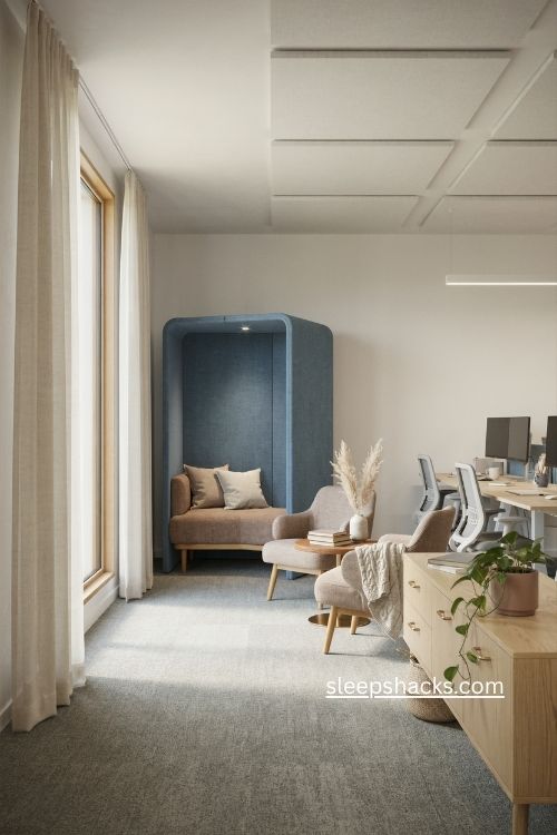 private office conversation space with acoustic panels cozy seating and semi enclosed meeting pod 