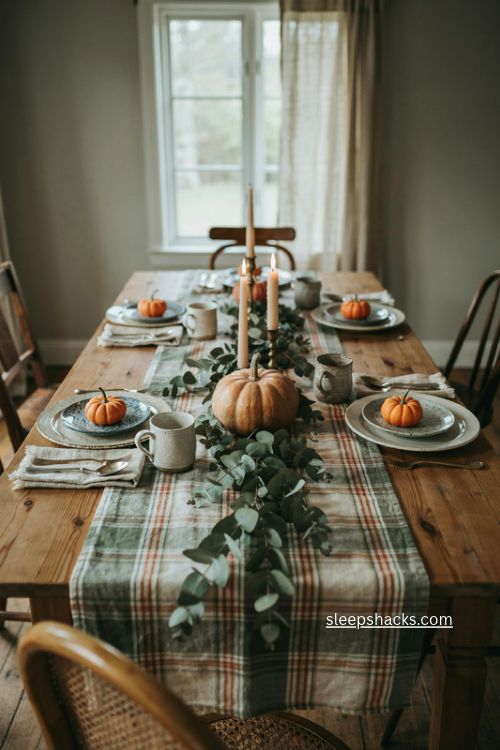 pumpkin and eucalyptus fall centerpiece with plaid farmhouse table decor 