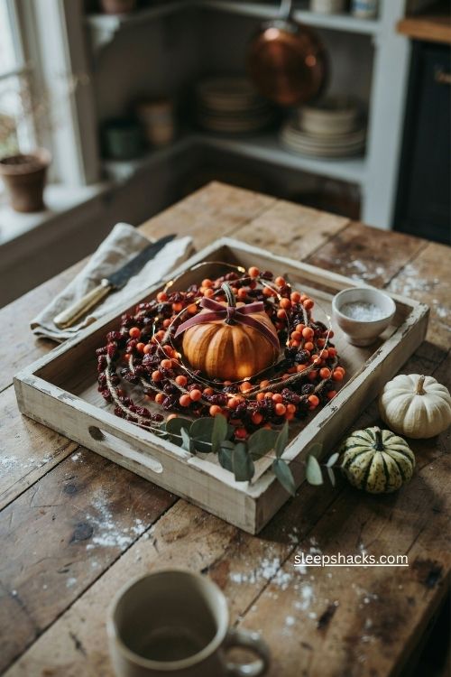 pumpkin nestled in berry garland with warm lights on a cozy kitchen island