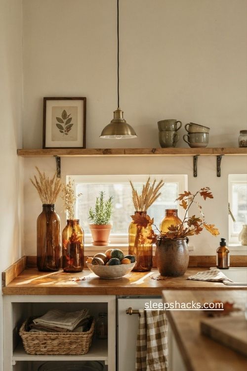 quiet kitchen thanksgiving decor with gourds amber glass and earthy textures 