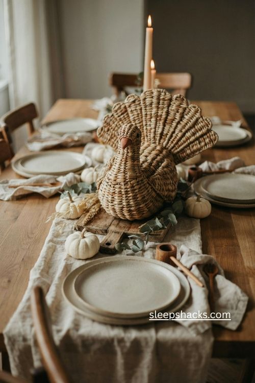 rattan turkey centerpiece with linen runner and natural thanksgiving decor 