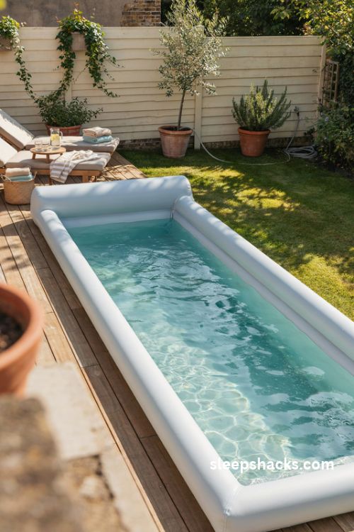 rectangular inflatable pool with lounge chairs for a relaxing backyard resort setup