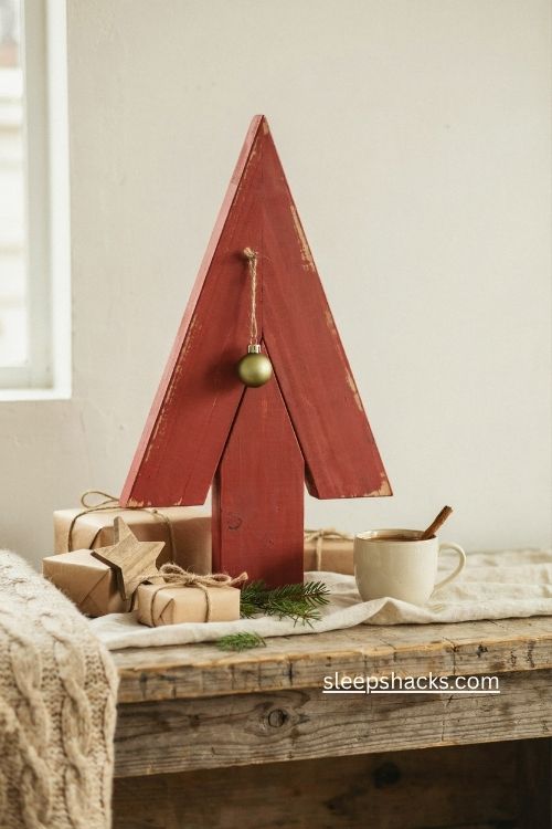red 2x4 Christmas tree diy with ornaments and presents handmade farmhouse Christmas decor 