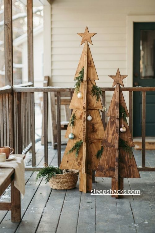 rustic brown and golden oak stained 2x4 Christmas trees diy porch holiday decor 