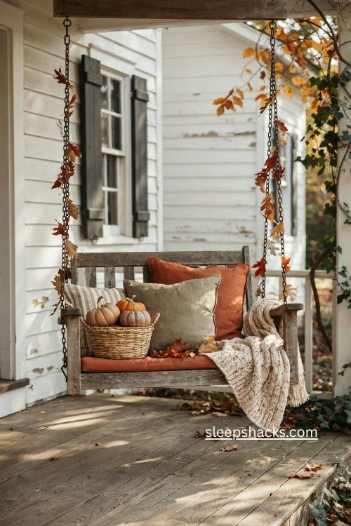 rustic fall porch swing with autumn foliage cozy pillows and warm throw blanket 