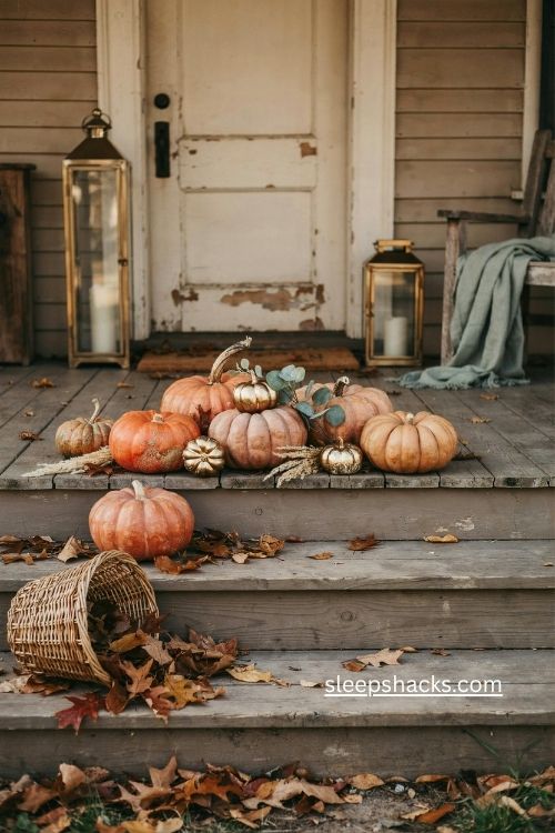 rustic fall porch with gilded pumpkins warm autumn colors and subtle gold accents 