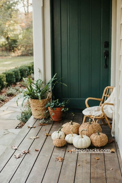 rustic fall porch with rattan baskets green ferns woven pumpkins and white pumpkins 
