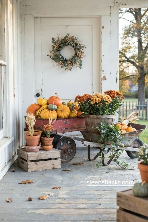 rustic fall porch with red wagon pumpkins gourds mums and vintage planters 
