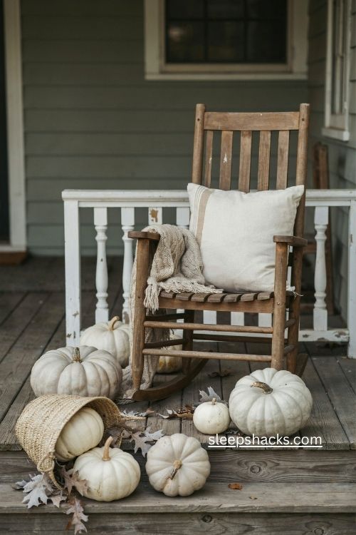 rustic fall porch with rocking chair white pumpkins cream cushion and cozy throw 