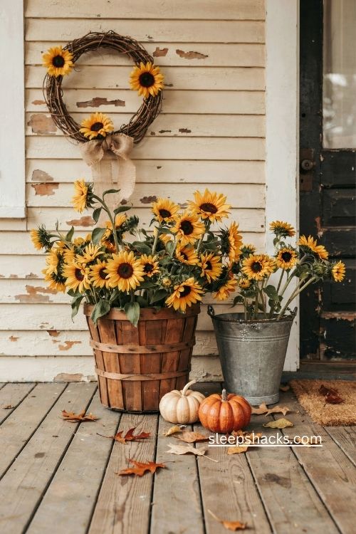 rustic fall porch with sunflowers in wooden baskets burlap and burnt orange decor 