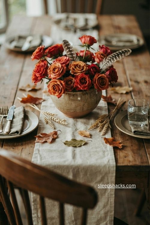 rustic fall rose centerpiece with red orange flowers brown feathers and wheat 