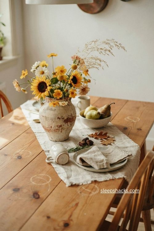 rustic fall wildflower centerpiece with bright yellow blooms and feathery grasses 