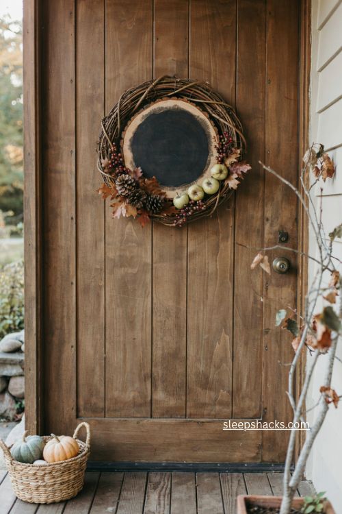 rustic fall wood slice wreath decor with pinecones berries apples and natural grapevine wreath 