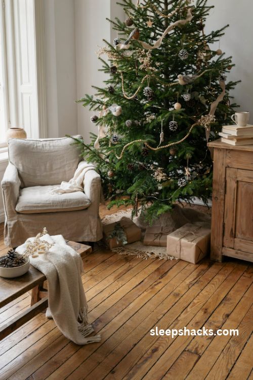 rustic woodland christmas tree with pinecones wooden beads felt birds and natural burlap ribbon
